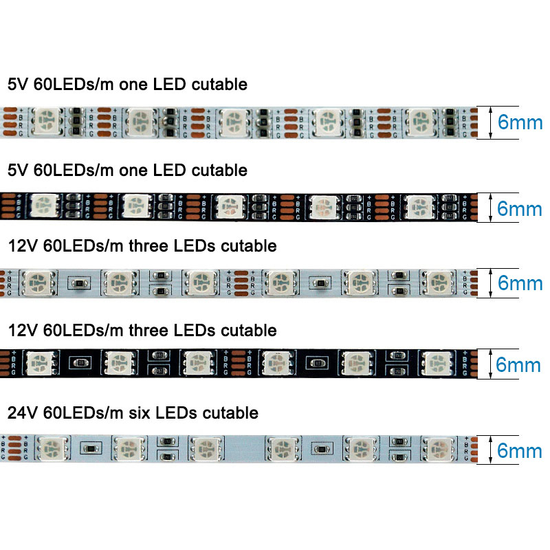 DC5/12/24V SMD5050 6MM Ultra-narrow 60LEDs/m LED Flexible RGB Strip Light,16.4ft/Roll